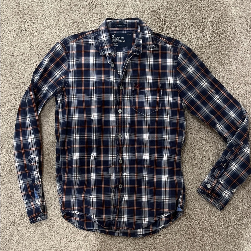 American Eagle Outfitters Navy and Orange Plaid Shirt